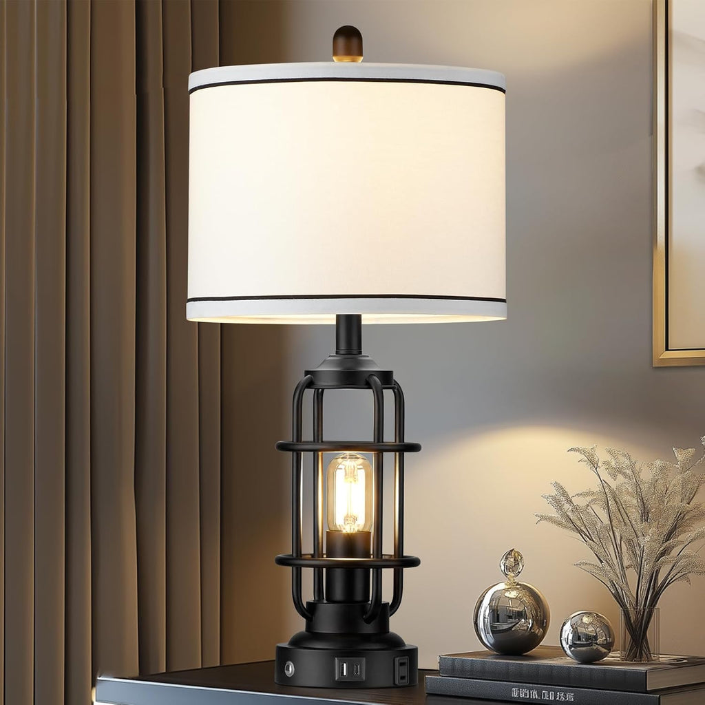 26" Modern Lamp for Living Room, Industrial 3-Way Dimmable Beside Table Lamp with USB A+C Charging Ports & AC Outlet, Touch Control…