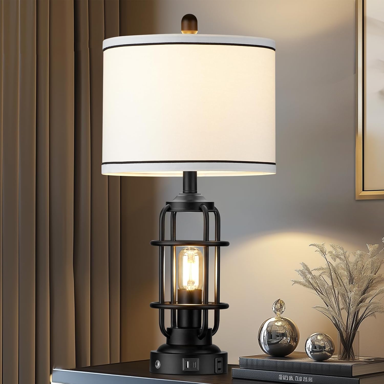 26" Modern Lamp for Living Room, Industrial 3-Way Dimmable Beside Table Lamp with USB A+C Charging Ports & AC Outlet, Touch Control…