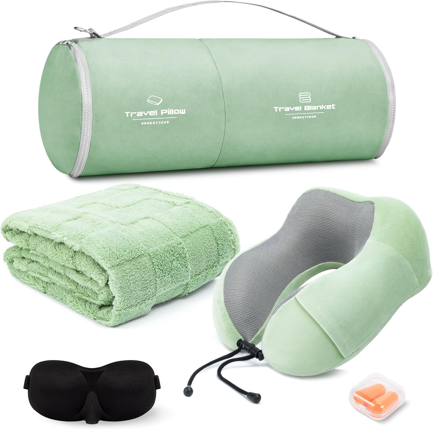urnexttour Travel Pillow and Blanket Set Neck Pillows Soft Blankets with Sleep Mask Travel Essentials for Airplane Car Memory Foam Sage…