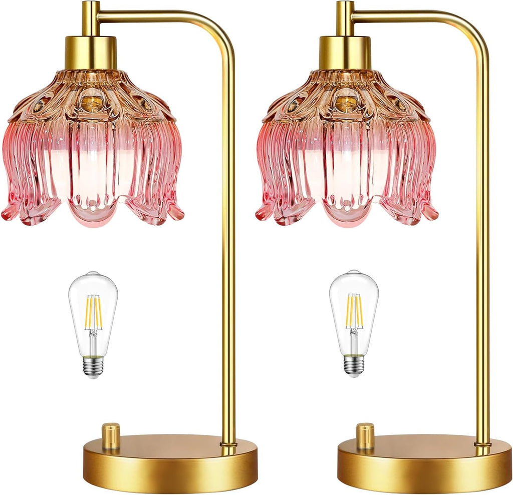 ILLMTW Pink Table Lamp Set of 2, Small Gold Bedside Lamps Dimmable Boho Bedroom Lamp with Tulip Flower Glass Lamp Shade, Vintage Mid…