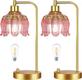 ILLMTW Pink Table Lamp Set of 2, Small Gold Bedside Lamps Dimmable Boho Bedroom Lamp with Tulip Flower Glass Lamp Shade, Vintage Mid…