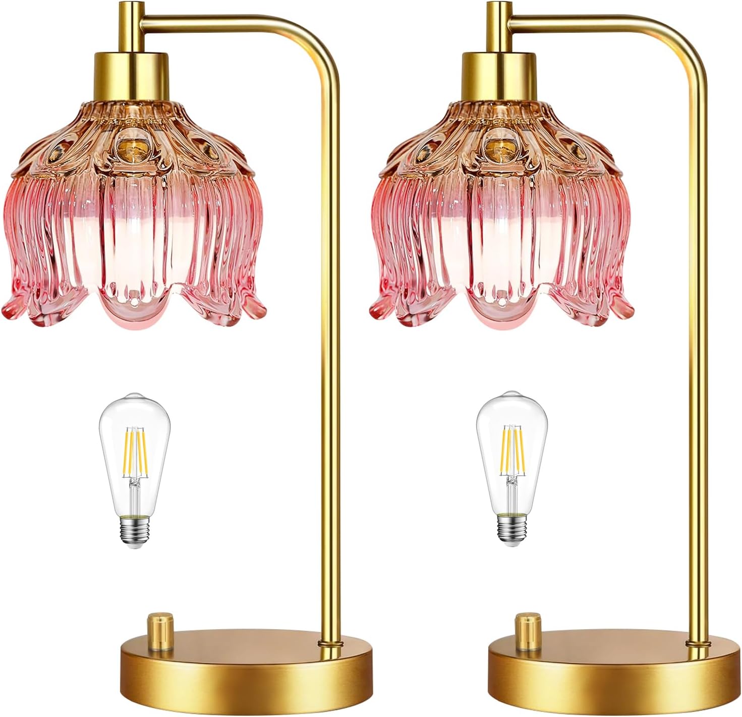 ILLMTW Pink Table Lamp Set of 2, Small Gold Bedside Lamps Dimmable Boho Bedroom Lamp with Tulip Flower Glass Lamp Shade, Vintage Mid…