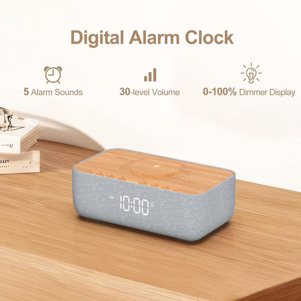 REACHER 15W Fast Magnetic Wireless Charging Alarm Clock with White Noise Machine, Woodgrain Style, 20 High‐Fidelity Sounds, Gradual Wake…
