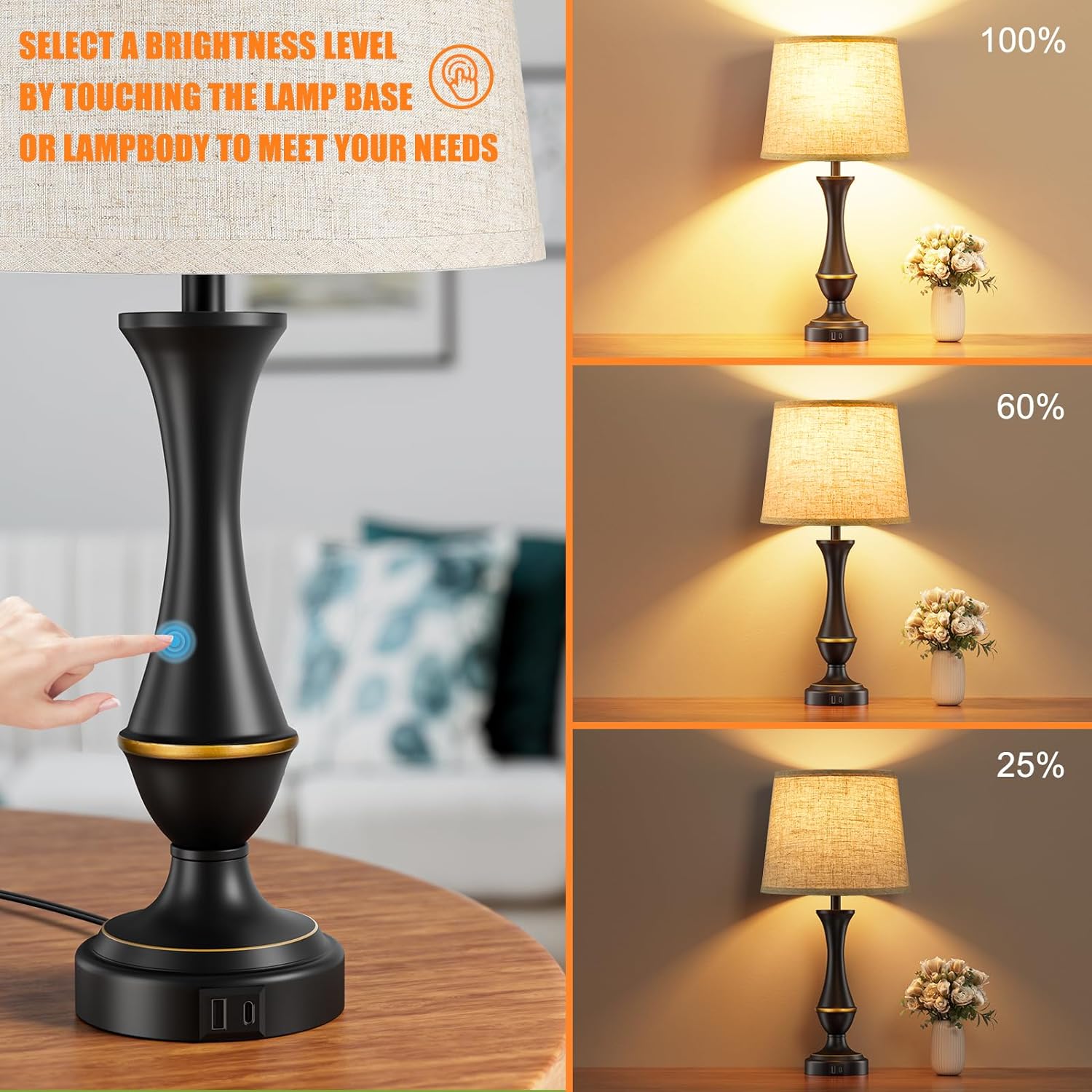 Seealle Upgraded Touch Lamps for Night Stands Set of 2 - Bedside Lamps with USB C+A, 3 Way Dimmable for Bedroom Living Room End Tables…