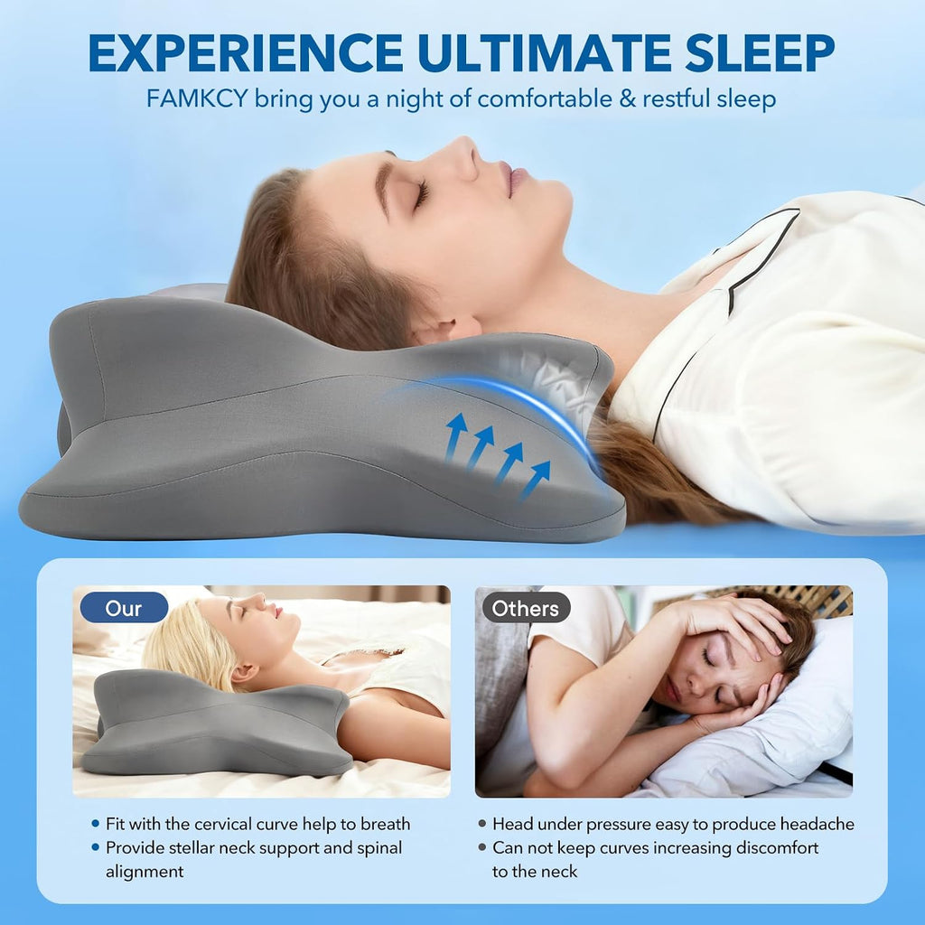 Famkcy Cervical Pillow for Neck, Ergonomic Memory Foam Pillow with Ice Silk Pillowcase, Adjustable Contour Neck Support Pillow for Side Ba…