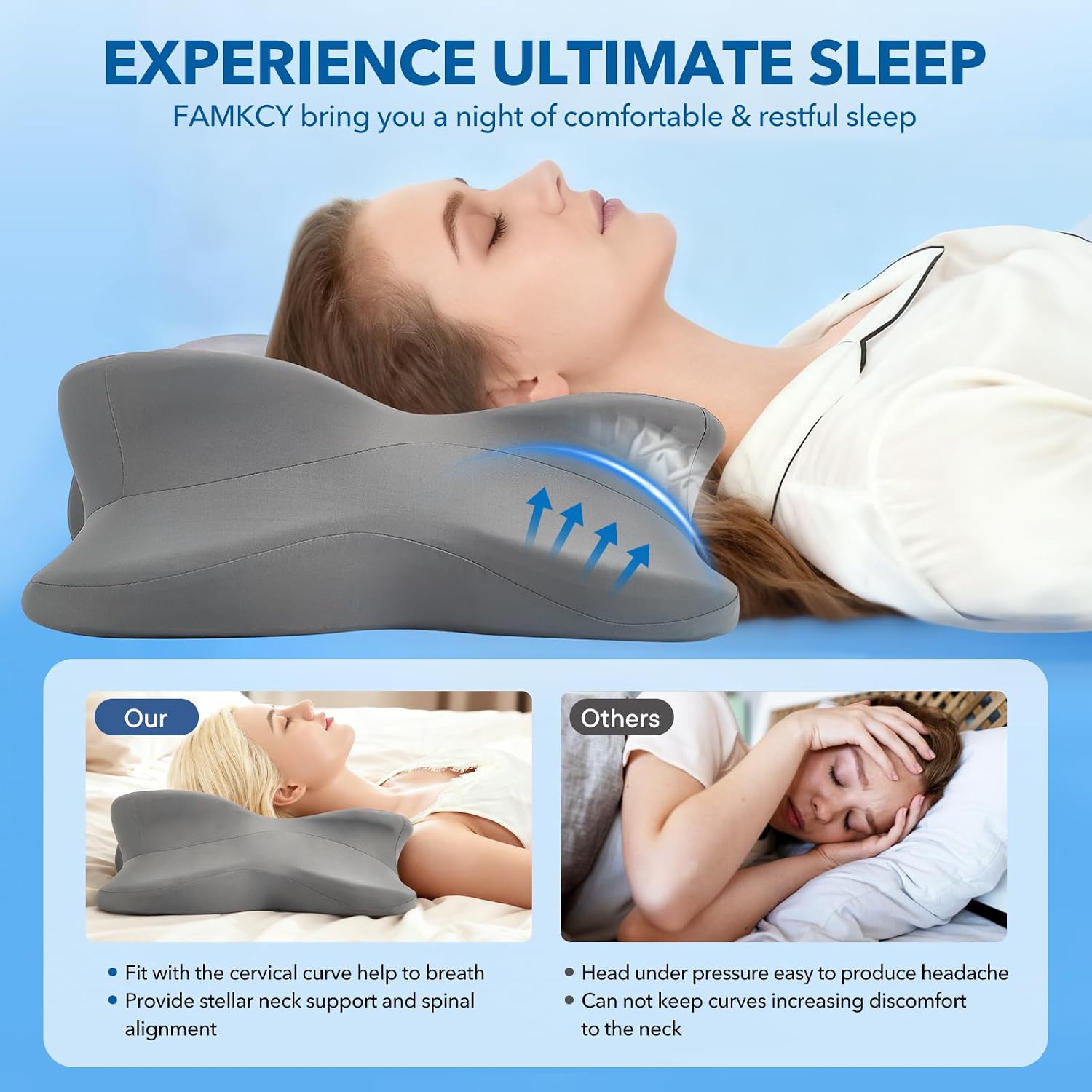 Famkcy Cervical Pillow for Neck, Ergonomic Memory Foam Pillow with Ice Silk Pillowcase, Adjustable Contour Neck Support Pillow for Side Ba…