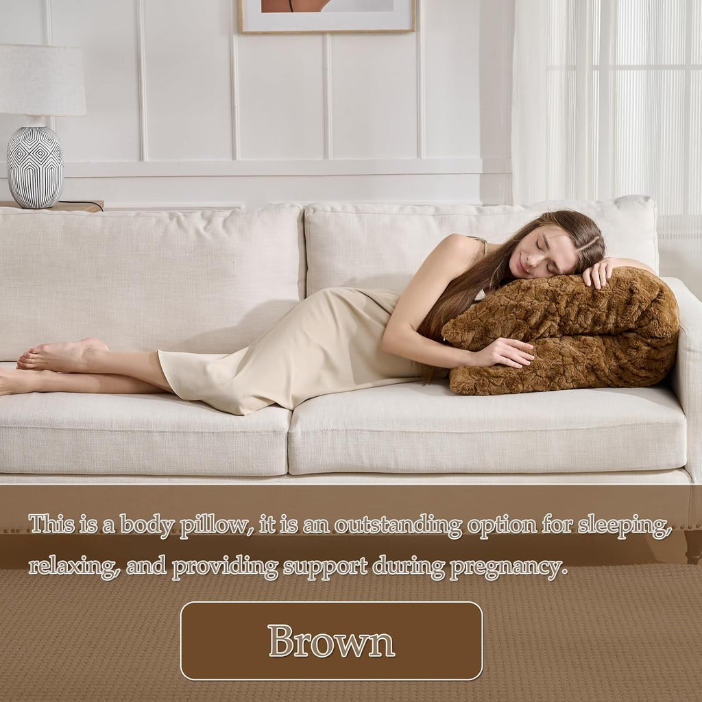 HKMR Fluffy Faux Rabbit Fur Body Pillow, Memory Foam Pregnancy Pillow for Side Sleep Body Pillow,20x54 Long Pillow for Adults-Brown 2…