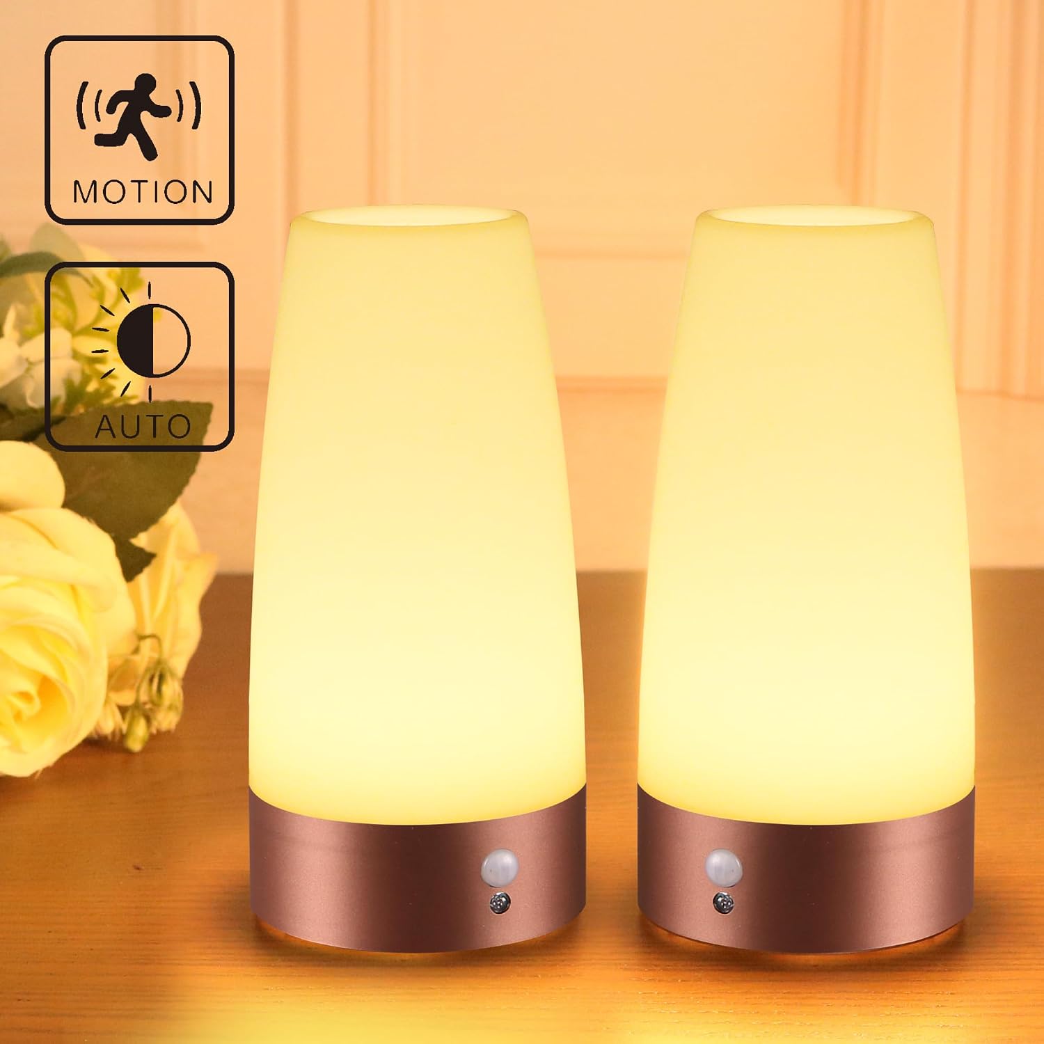 WRalwaysLX 2Pack Round Bedside Lamp PIR Motion Sensor LED Night Light,3 Modes Battery Powered Small Table Lamp, USE 3x1.5VAAA…