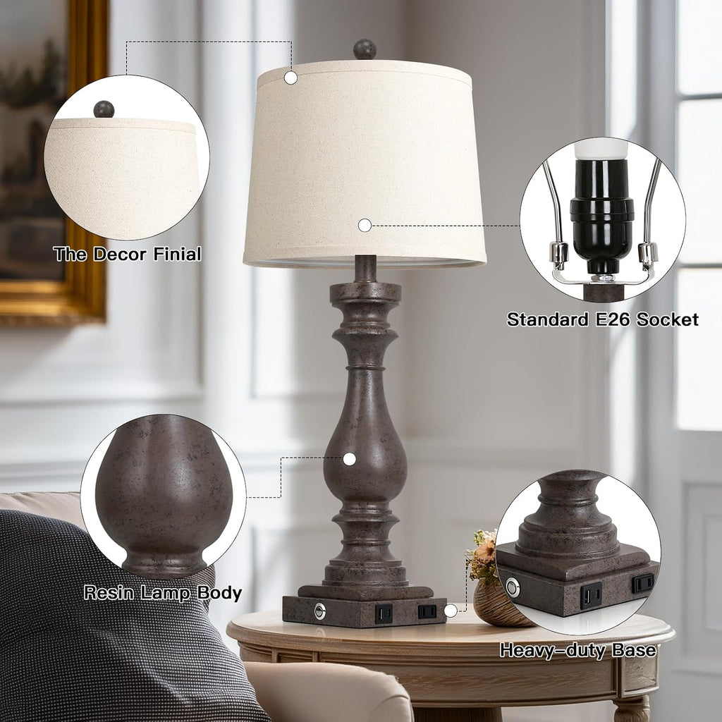 Cinkeda 29" Tall Farmhouse Table Lamp for Living Room Set of 2, Vintage Retro Nightstand Lamps with USB C+A Ports & AC Outlet,3-Way…