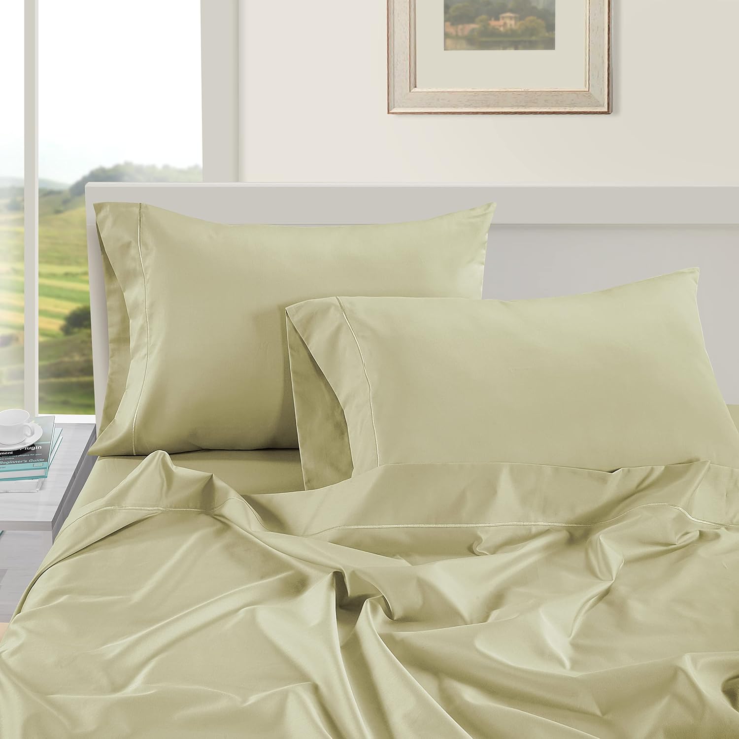 LaneLinen Pillow Case Covers King, Set of 2, 100% Egyptian Cotton Sateen, Soft Cool & Smooth Pillow Cases - Seafoam Cotton