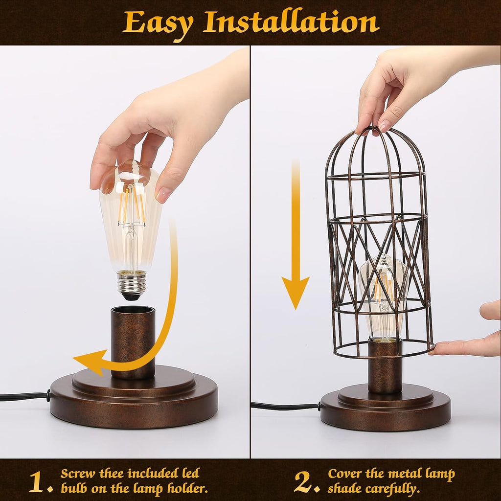 Seaside village Small Touch Lamp, Industiral Bedside Table Lamps with Antique Bronze Cage, 3 Way Dimmable Nightstand Steampunk Edison…