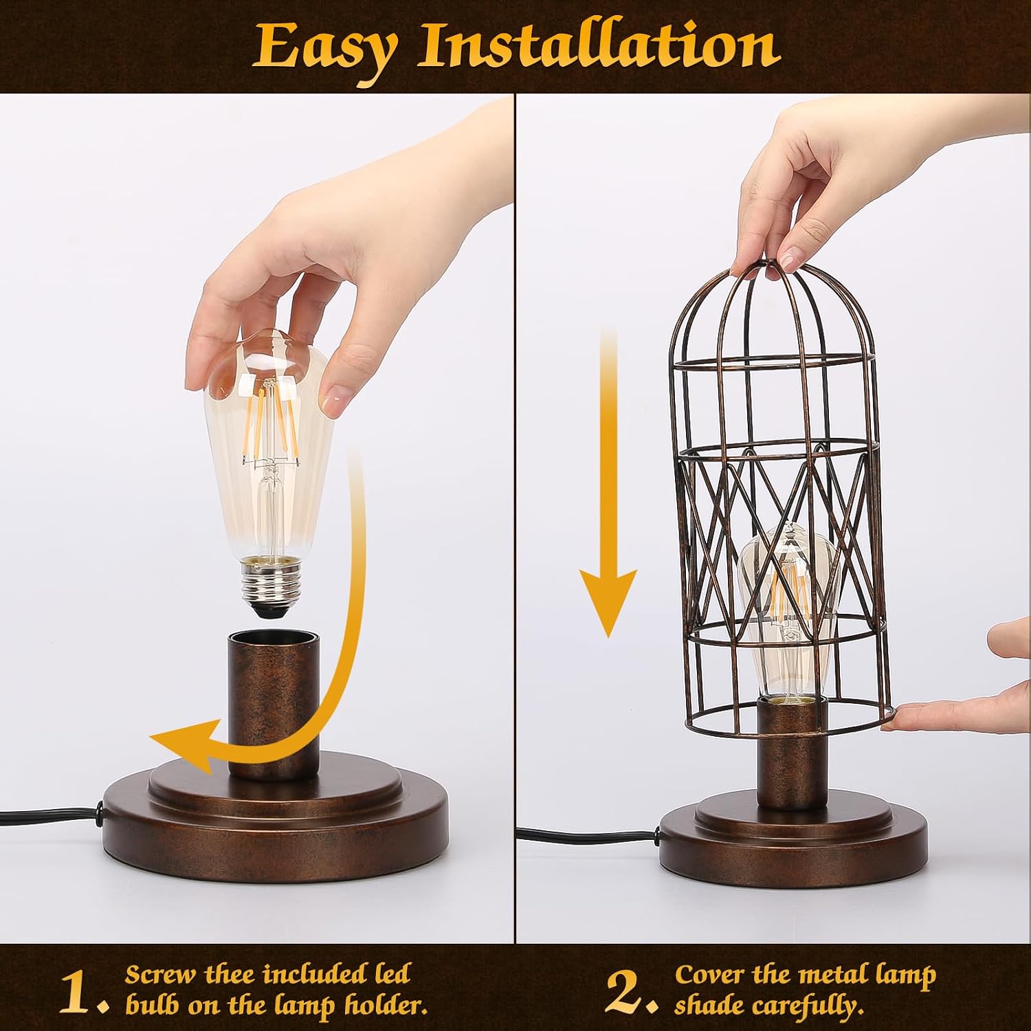 Seaside village Small Touch Lamp, Industiral Bedside Table Lamps with Antique Bronze Cage, 3 Way Dimmable Nightstand Steampunk Edison…
