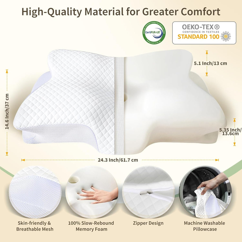 Roowana Cervical Neck Pillow for Neck Pain, Memory Foam Orthopedic Pillow with Contoured Design, Neck Support Pillows with Two Height Optio…