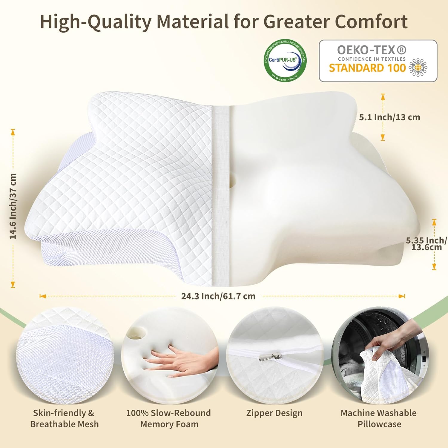 Roowana Cervical Neck Pillow for Neck Pain, Memory Foam Orthopedic Pillow with Contoured Design, Neck Support Pillows with Two Height Optio…