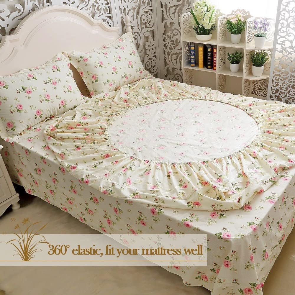 FADFAY Floral Sheets for Queen Size Bed Cotton Pink Rose Bed Shees Shabby & Chic Bedding Light Yellow Rosette Print Breathable Soft…