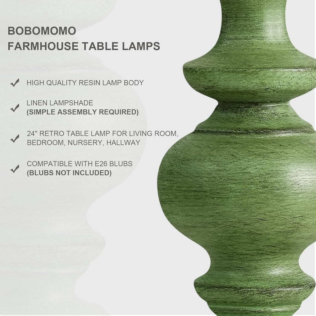 BOBOMOMO 24" Farmhouse Table Lamps Set of 2 – Sage Green Bedside Lamps with Linen Shades, Medium Traditional Lamps for Living Room…