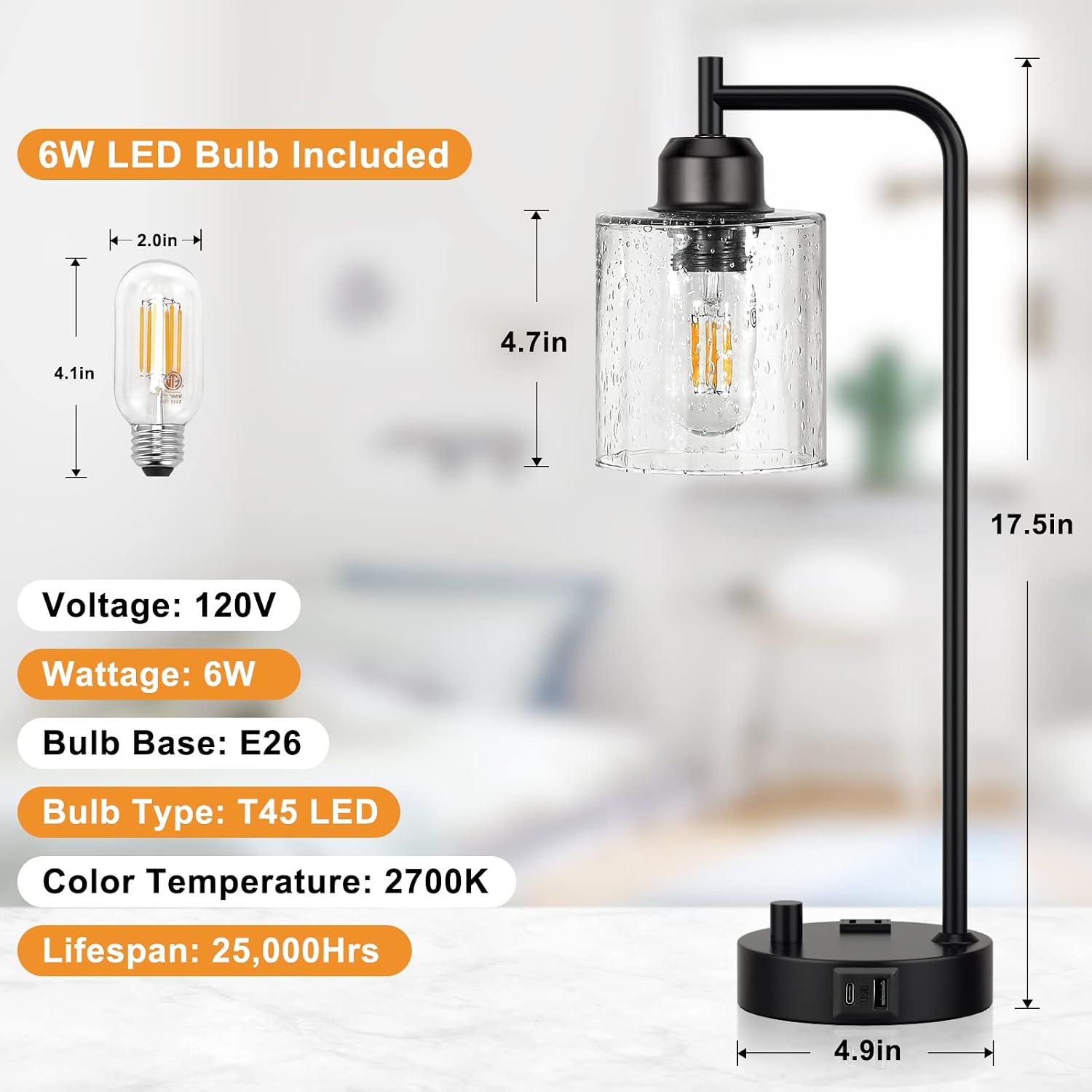 Industrial Bedside Table Lamp for Bedroom - Nightstand Lamps with USB C Charging Port, Fully Dimmable Black Ports and Outlets, Small Desk…