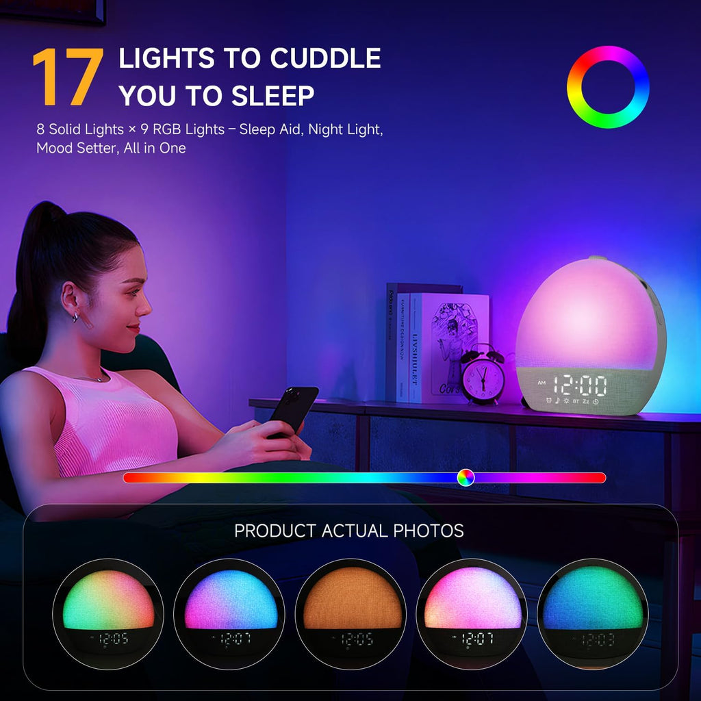 Geuuap Sunrise Alarm Clock White Noise Sound Machine for Bedroom | Natural Wake-Up Light with 30 Soothing Sleep Aids, Bluetooth Speaker…