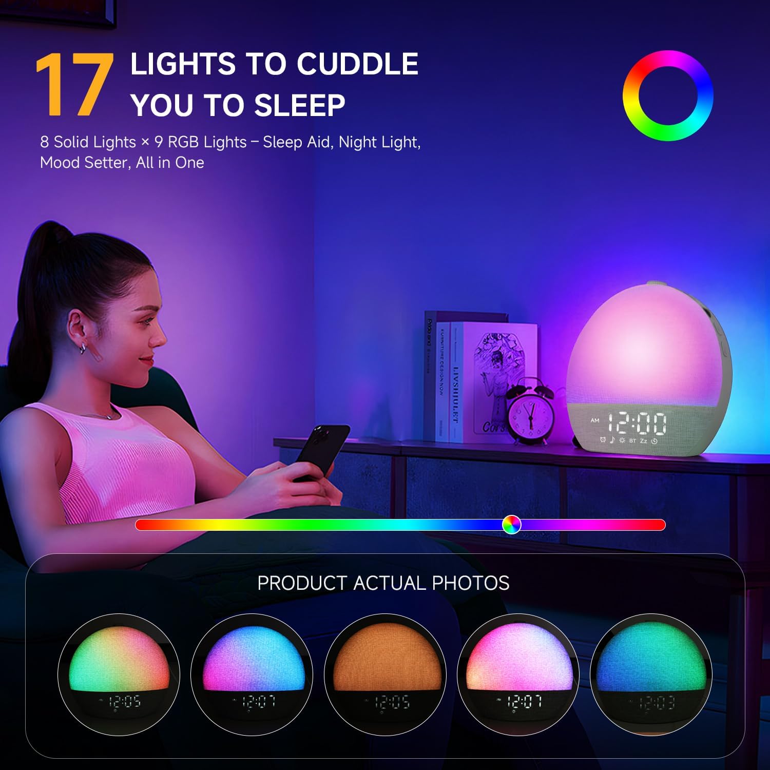 Geuuap Sunrise Alarm Clock White Noise Sound Machine for Bedroom | Natural Wake-Up Light with 30 Soothing Sleep Aids, Bluetooth Speaker…