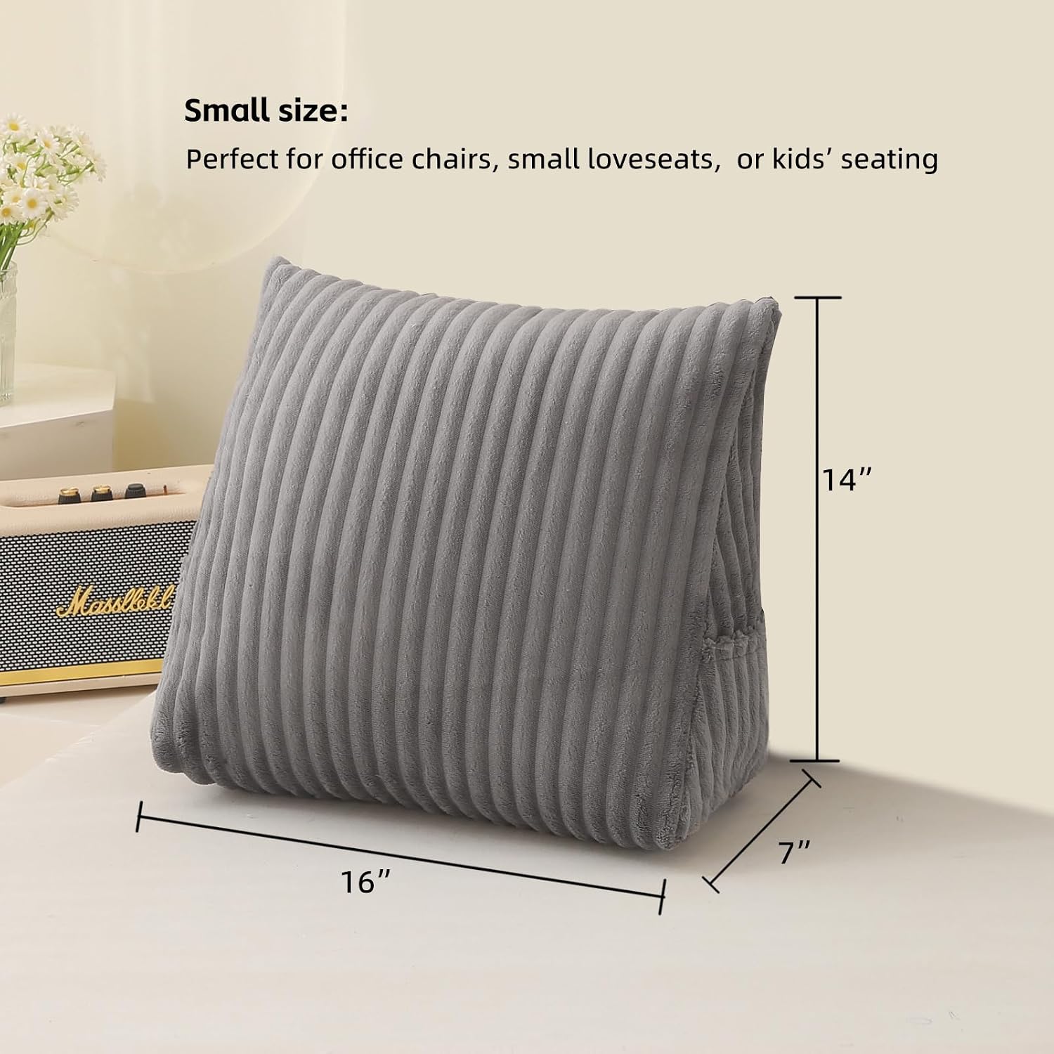 Corduroy Wedge Reading Pillow for Bed, 3 Sizes, 4 Colors for Bed, Sofa, Office Chair (Grey, Small 16 * 14 * 7in)