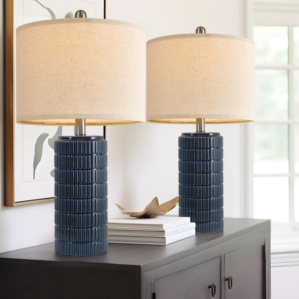 PoKat 24" Modern Ceramic Table Lamps Set of 2 for Bedroom, Blue Bedside Lamps for Night Stands, Farmhouse Desk Decor Nightstand Table…