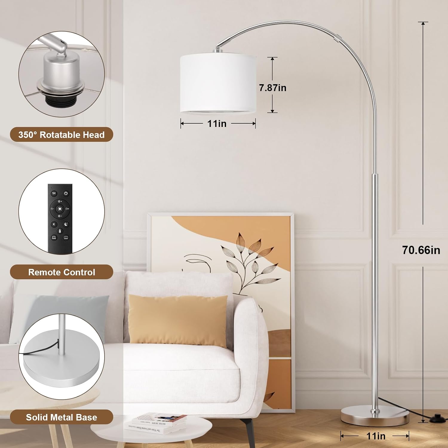 Ambimall Dimmable Arc Floor Lamp with Remote, Color Temperatures and Brightness Adjustable, Arched Floor Lamp with Rotating Head, Over…