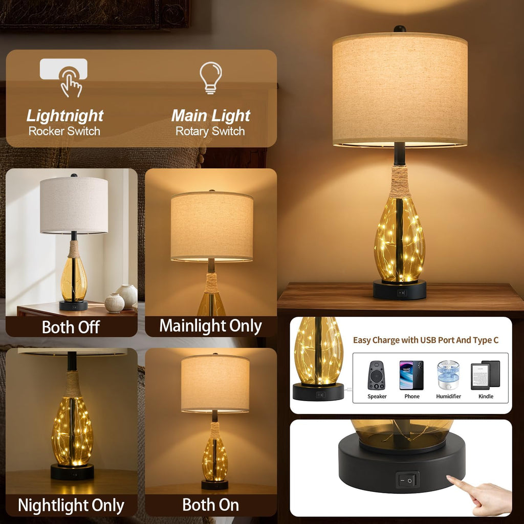 OYEARS 23" Table Lamps for Living Room Set of 2 Bedside Lamps for Night Stands Bedroom Lamps Farmhouse Rattan Boho Lamp Glass Nightlight…