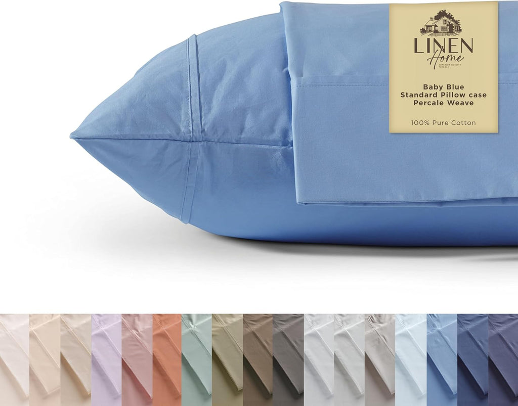 Linen Home 100% Cotton Percale Pillowcases Standard/Queen Set of 2 - Soft, Crisp & Cooling, 20x30 Inches - Baby Blue