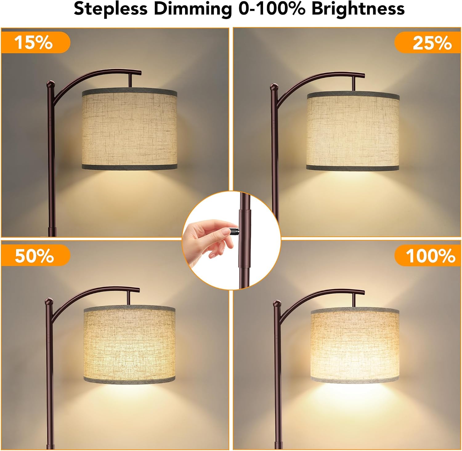 ROTTOGOON Dimmable Floor Lamp, Arc Floor Lamps for Living Room, Stepless Dimming Modern Standing Lamp with Linen Shade, Tall Lamp for…