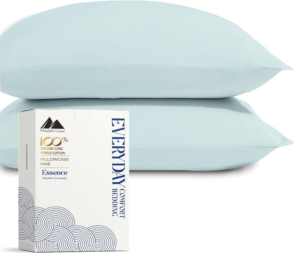 Mayfair Linen 100% Organic Cotton Percale Pillow Cases Queen/Standard Size Set of 2 - Percale Pillowcovers Standard/Queen (Sea Foam)…