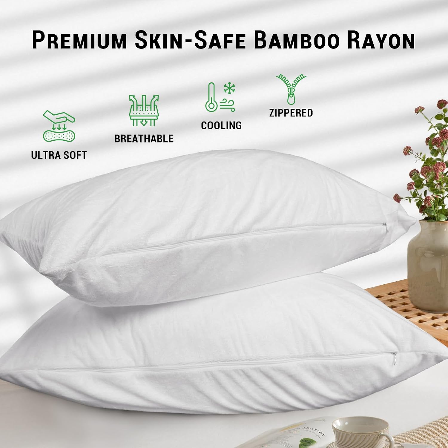 Gogreen Bamboo Rayon Waterproof Pillow Protector, Breathable Pillow Cover, Cooling Pillow Case Protector with Zipper, Super Soft Pillow Cas…