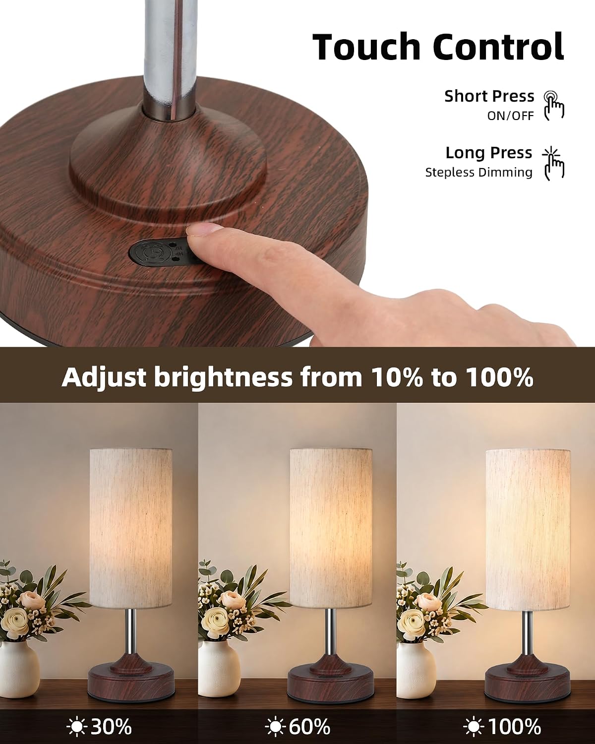 EZVALO Cordless Table Lamp, Ambient Light, Walnut-Grain Finish, Dimmable, Touch, Timer, 2700K, Decor, Portable, Wireless, Rechargeable…