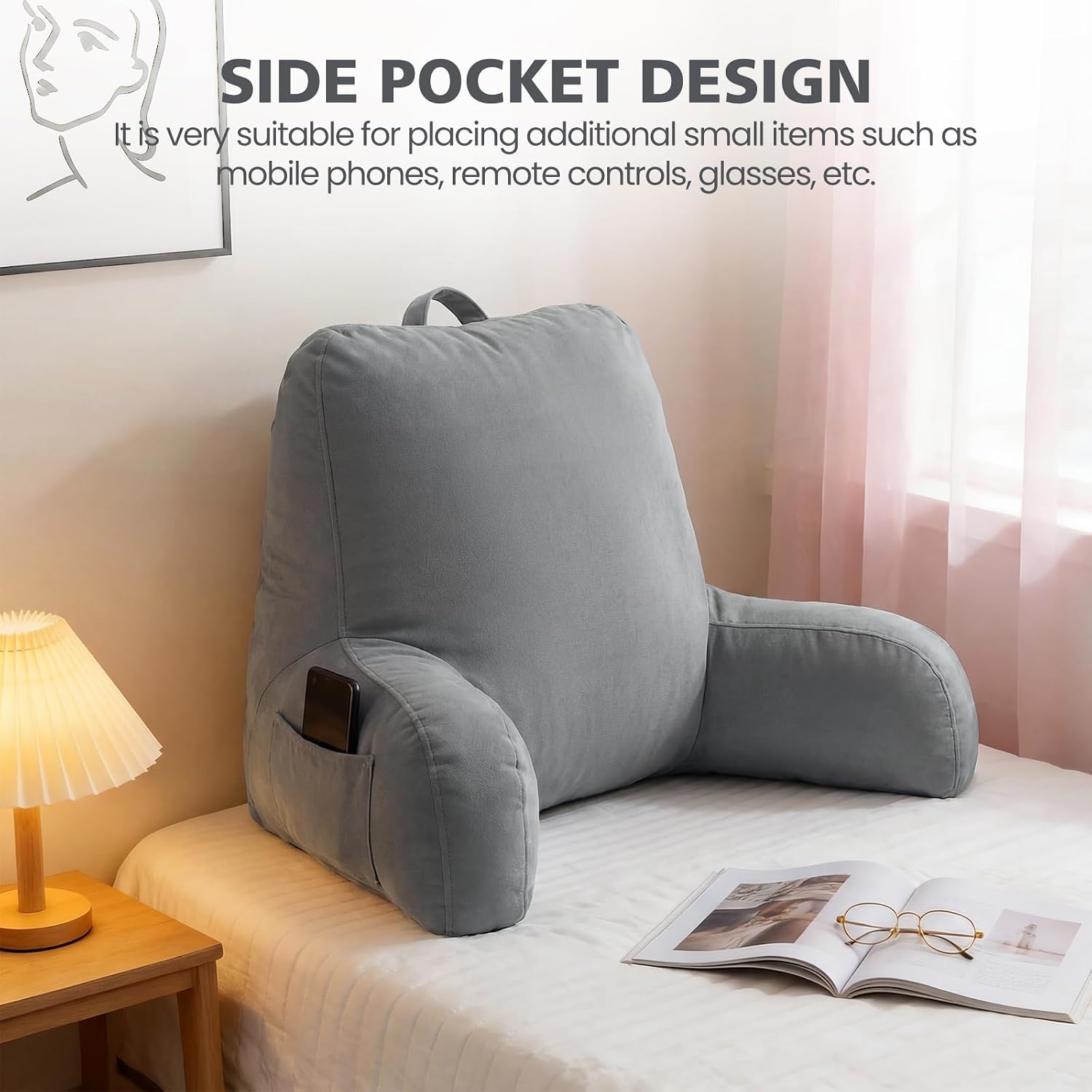 Reading Pillow for Bed Sitting Up, Adults and Teens Backrest with Arms, Velvet Back Support Pillow for Sitting on Sofa, Couch with…