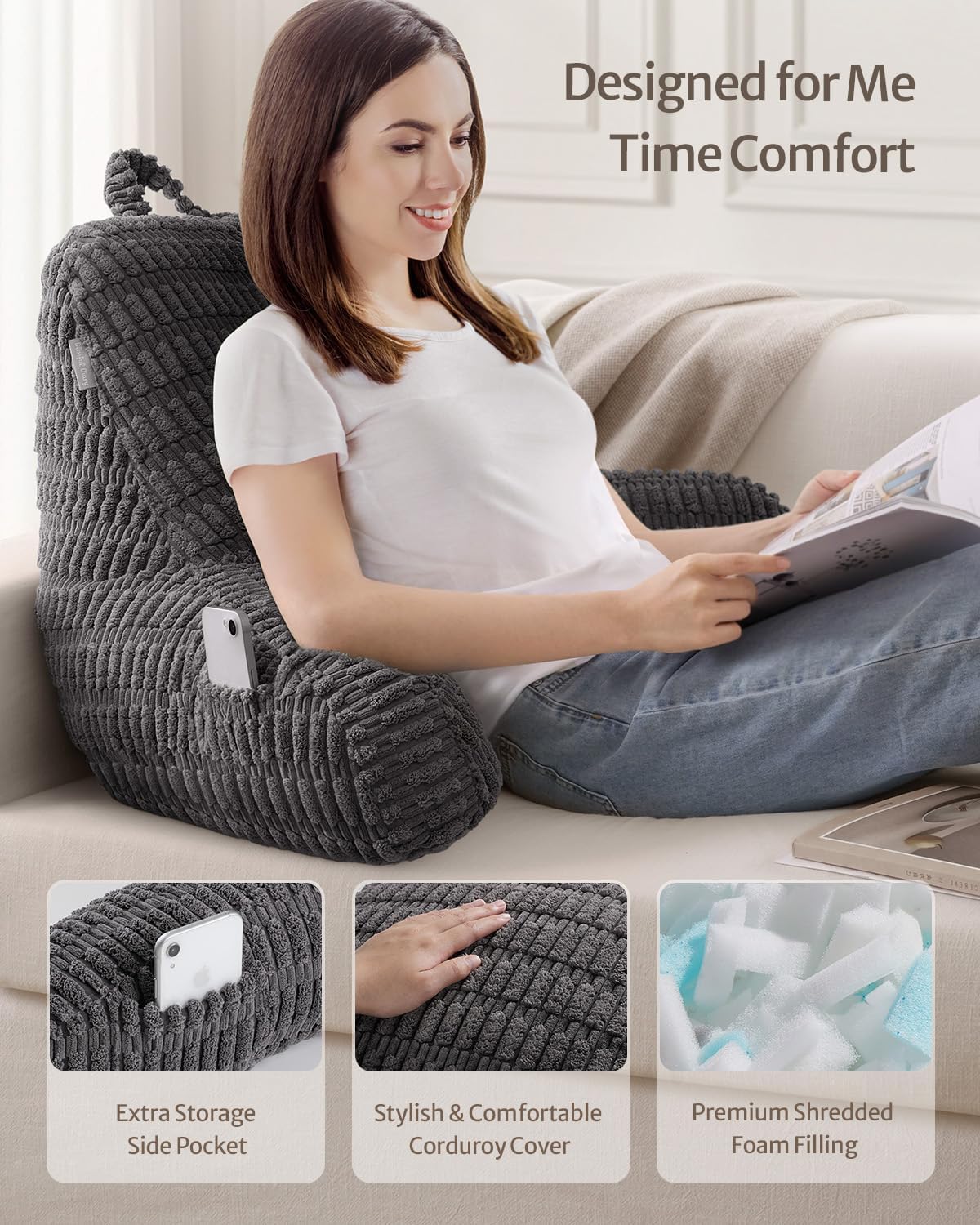 BlissfulDiary Blissful Diary Reading Pillow, Large Backrest Pillow with Shredded Memory Foam for Adult & Children, Designed for Bed and Cou…