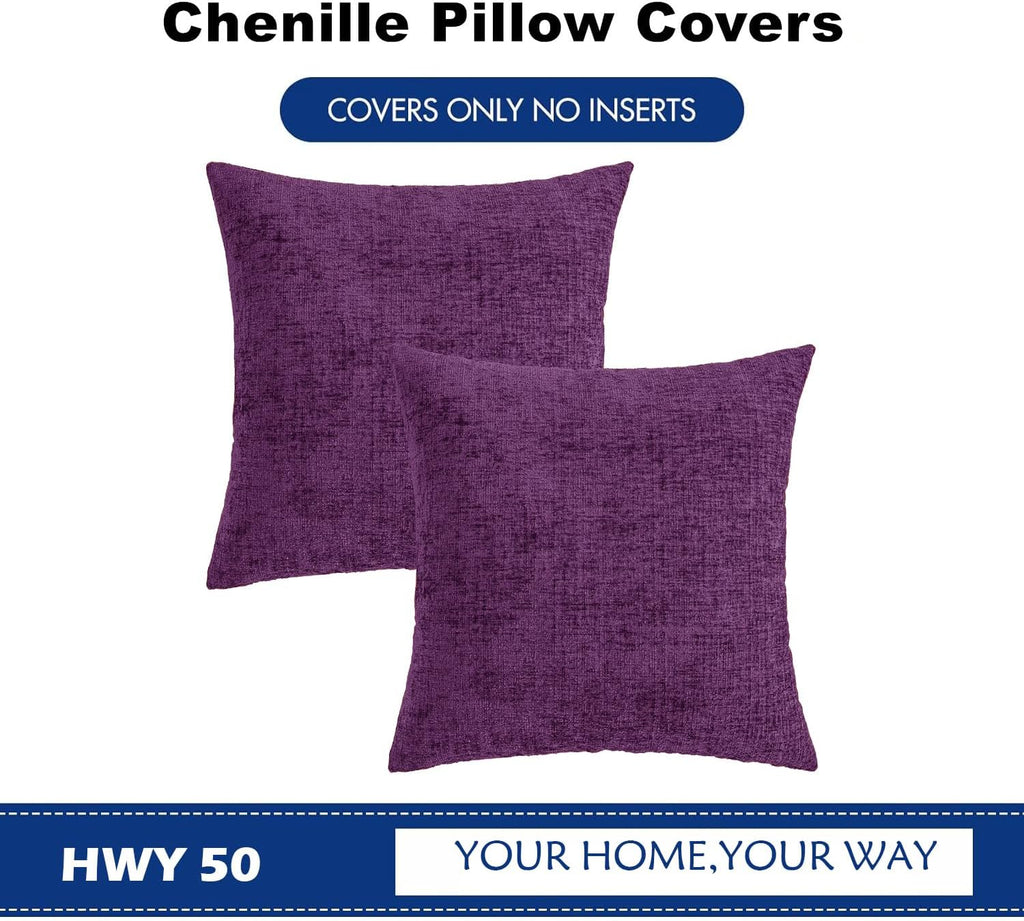 Hwy50 HWY 50 Purple Couch Pillow Covers 22x22 Inch Pack of 2, Soft Chenille Decorative Throw Pillow Cases Farmhouse for Sofa Living Room Be…