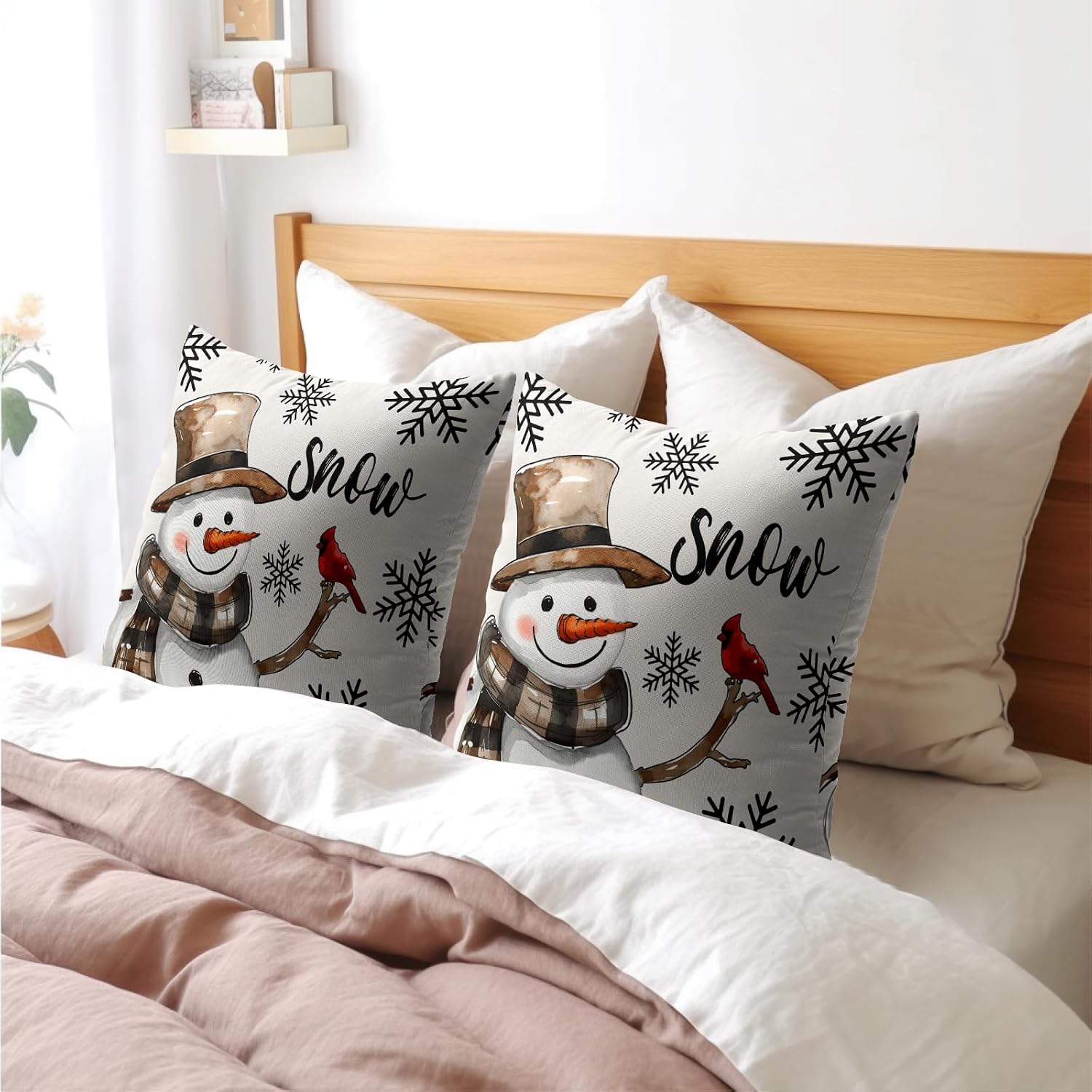Snowman Throw Pillow Cover Christmas Pillowcase 18x18 Inch Set of 2 Snowflake and Red Cardinal Bird Decorative Cushion Cover Winter…