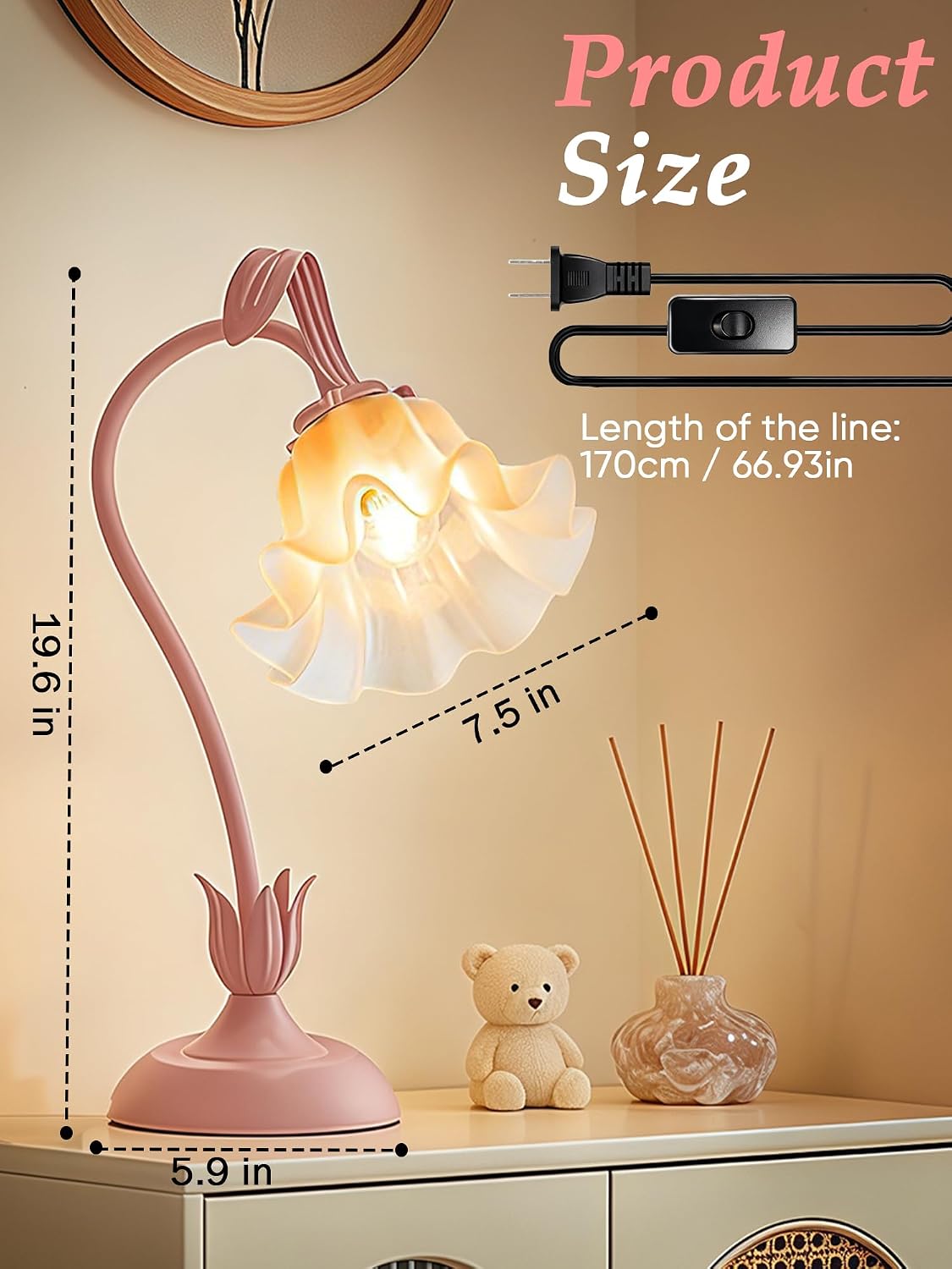 Bedside Table Lamp for Bedroom, Vintage Flower Table Lamps, LED Reading Light 3 Color Modes Bedside Lamps, Nightstand Lamp Kawaii Desk…