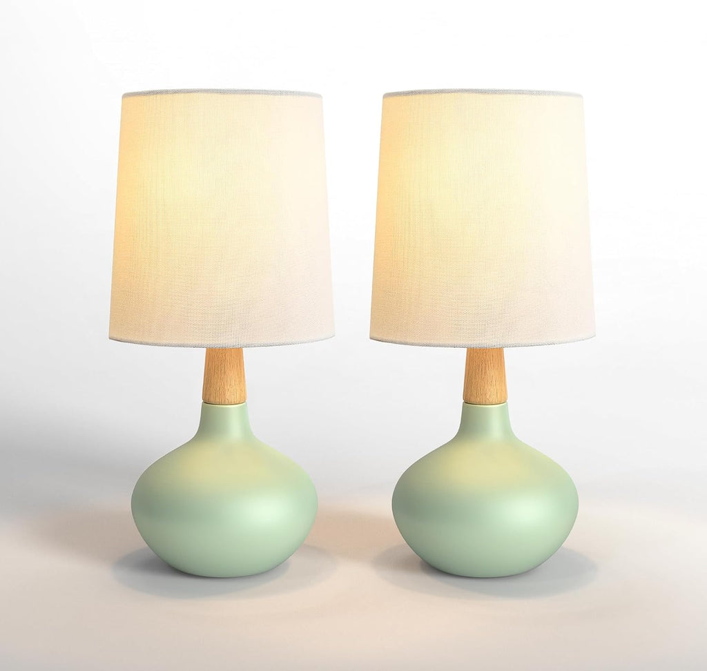 14" Ceramic Table Lamp Set of 2, Small Bedside Lamp with Natural Wood Stem & Linen Shade, Modern Farmhouse Night Lamp for Bedroom Living…