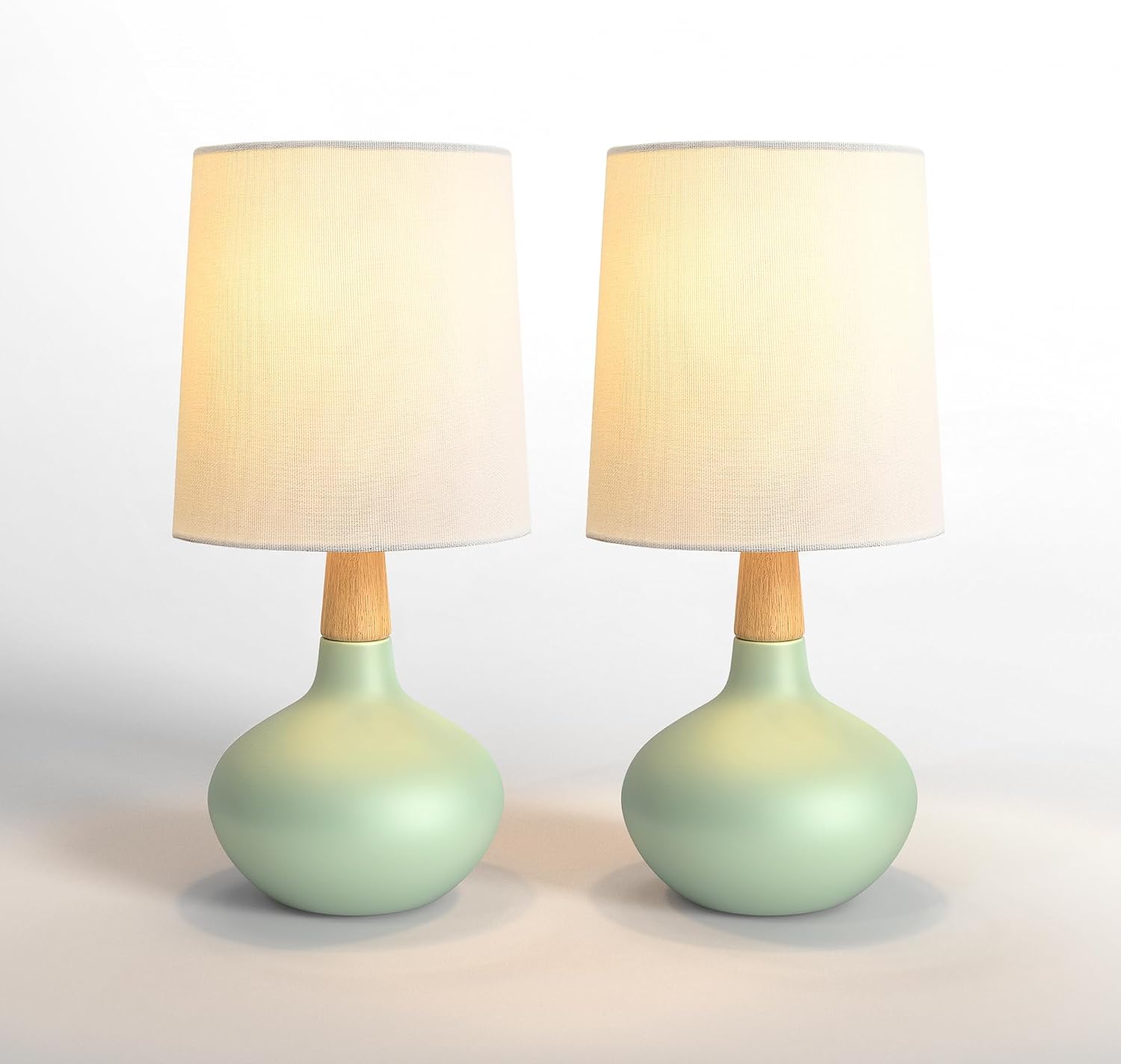 14" Ceramic Table Lamp Set of 2, Small Bedside Lamp with Natural Wood Stem & Linen Shade, Modern Farmhouse Night Lamp for Bedroom Living…