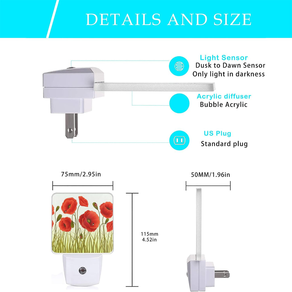 Red Flowers Night Light, Red Poppy Flowers and Ladybugs Plug-in Night Lights with Dusk-to-Dawn Sensor for Stairway/Hallway/Bedroom Sleep…