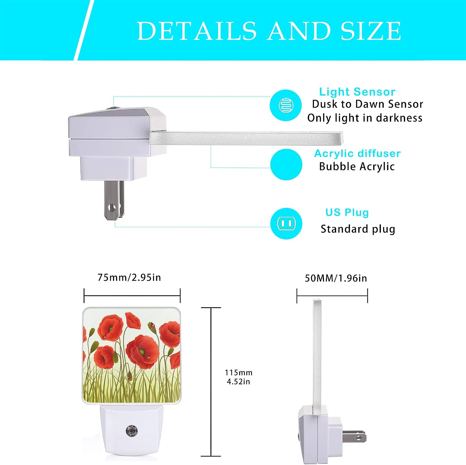 Red Flowers Night Light, Red Poppy Flowers and Ladybugs Plug-in Night Lights with Dusk-to-Dawn Sensor for Stairway/Hallway/Bedroom Sleep…