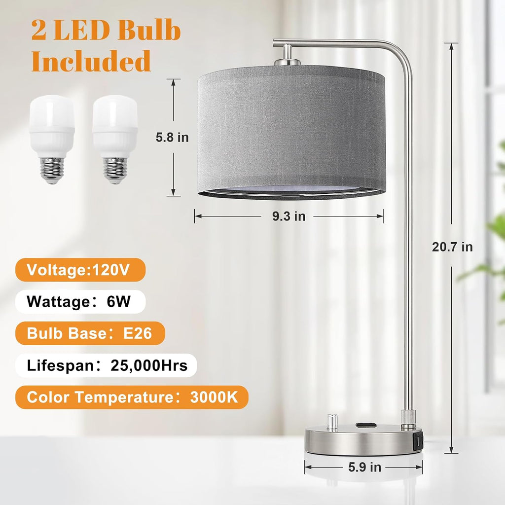 Innqoo Bedside Table Lamps for Bedroom Set of 2-Dimmable Nightstand Lamps with USB Port and Outlet, Modern Grey Lamps with Linen…