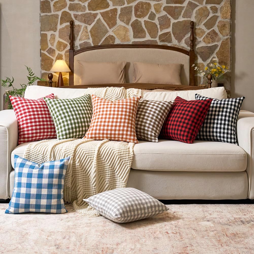 CARRIE HOME Outdoor Khaki and White Buffalo Plaid Pillow Covers 20x20 Set of 2, Khaki White Gingham Check Pillows Decorative Throw Pillow…
