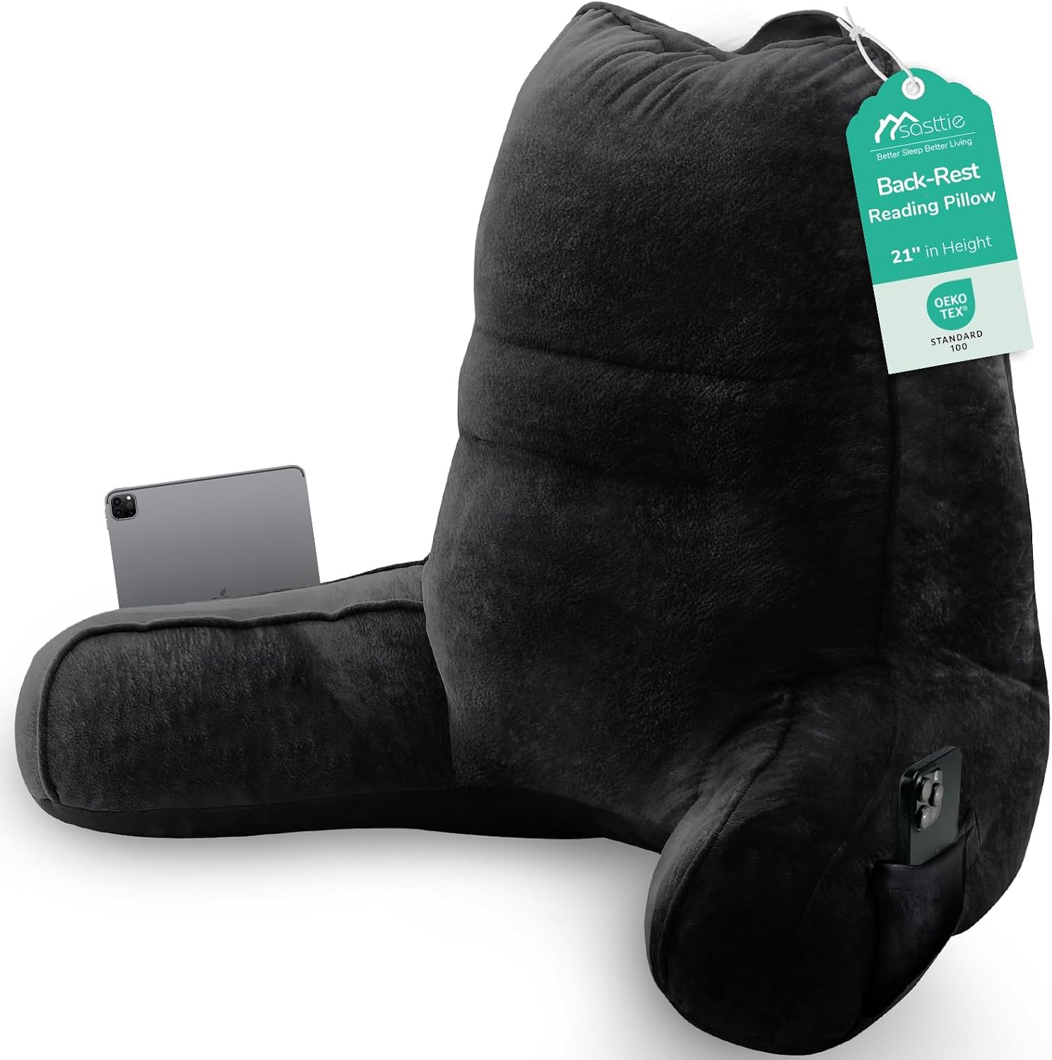 Sasttie Reading Pillow, Pillows for Reading or Relaxing – Ergonomic Support for Head, Neck, Back, and Lumbar, 21-Inch, Black Black