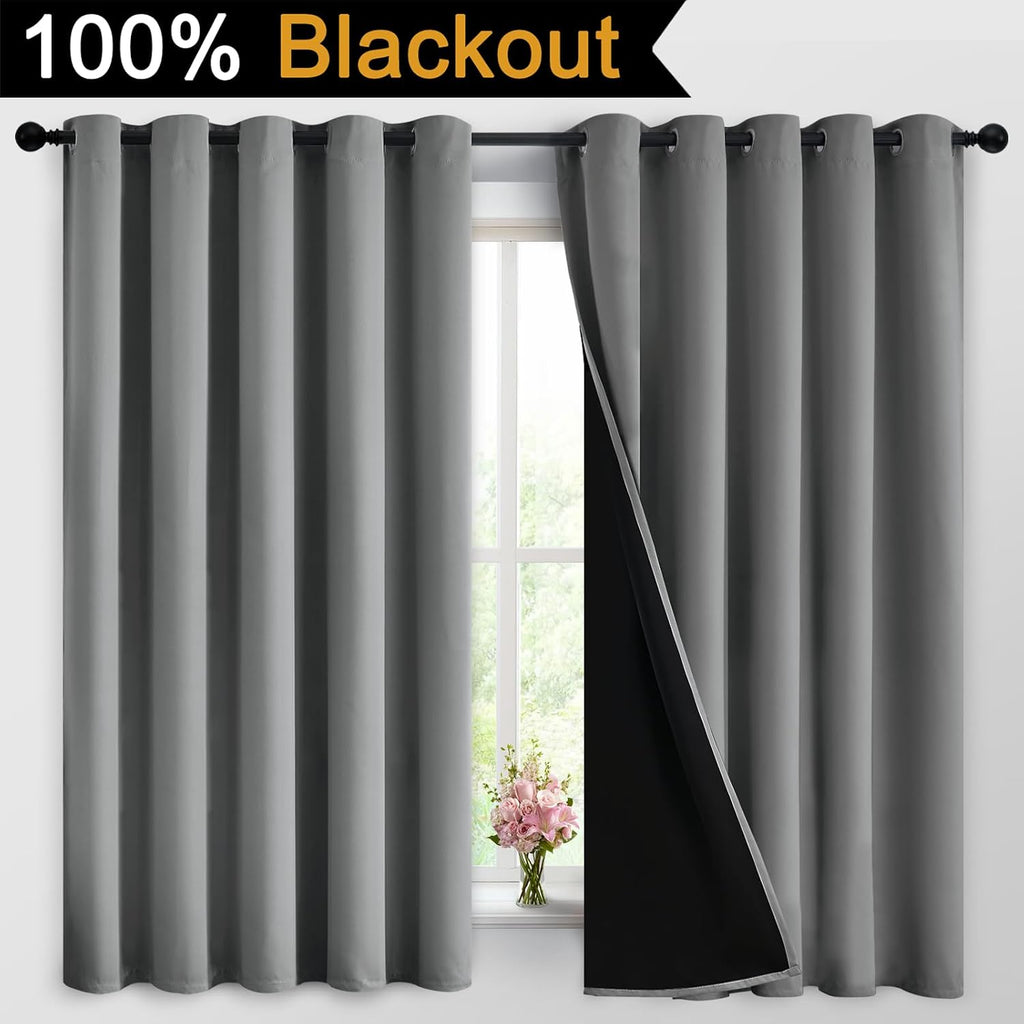 Yakamok 100% Grey Blackout Curtains for Bedroom, Light Blocking Thermal Insulated Noise Reducing Blackout Drapes for Living Room(62Wx63L, 2…