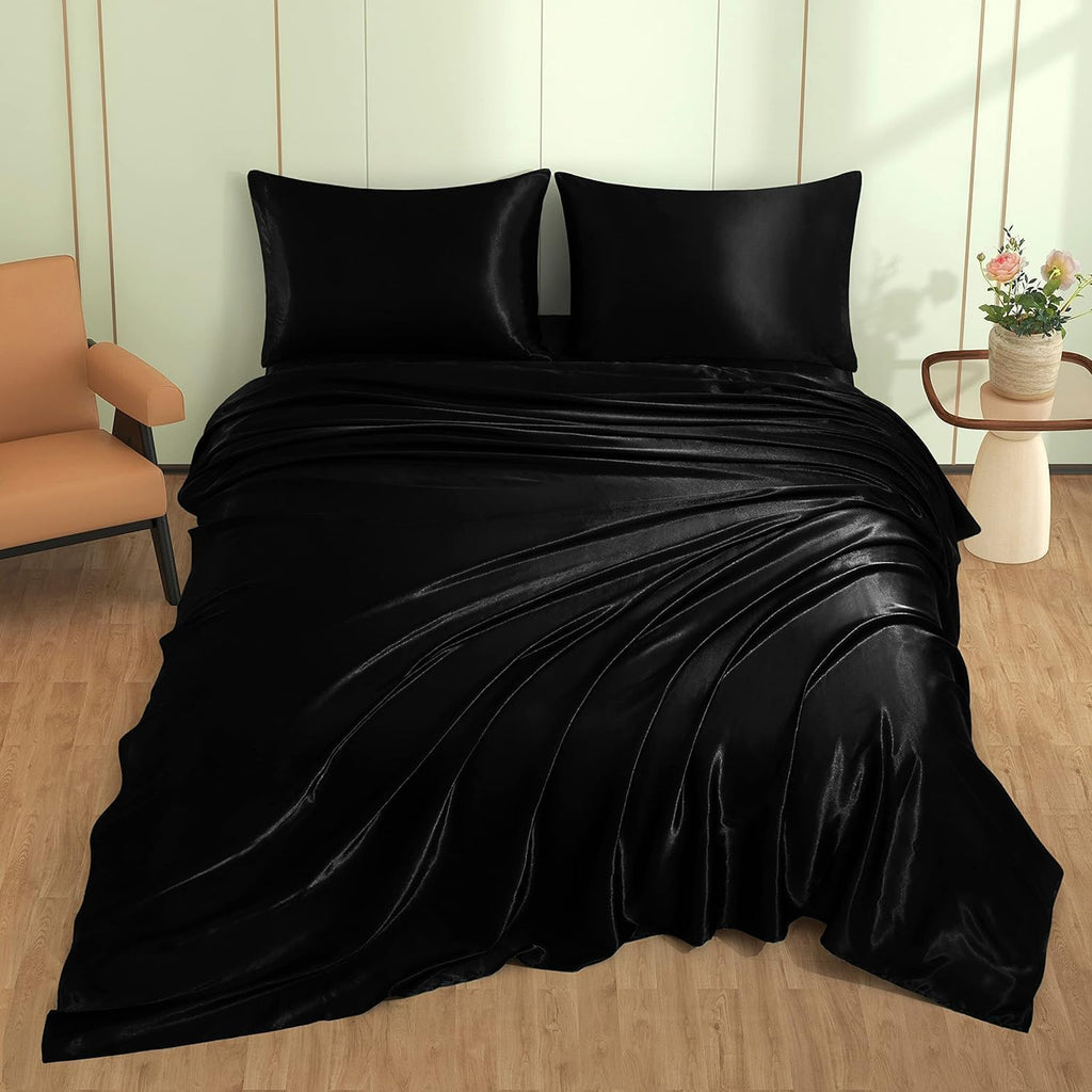 VACVELT 3pcs Black Satin Sheets Twin XL Size Bed Set, 15 Inch Deep Pocket Silky Satin Sheet Set, Soft Satin Bedding Set Cooling & Luxury…