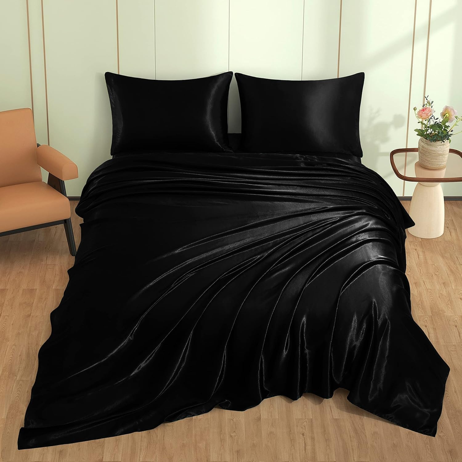 VACVELT 3pcs Black Satin Sheets Twin XL Size Bed Set, 15 Inch Deep Pocket Silky Satin Sheet Set, Soft Satin Bedding Set Cooling & Luxury…