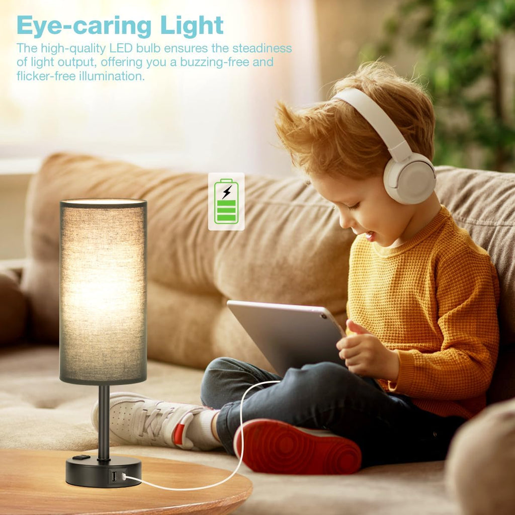 Fenmzee Black Bedroom Lamp for Nightstand - 3 Way Dimmable Bedside Lamp USB C A Charging Ports and AC Outlet, Small Table Lamp Black Base…