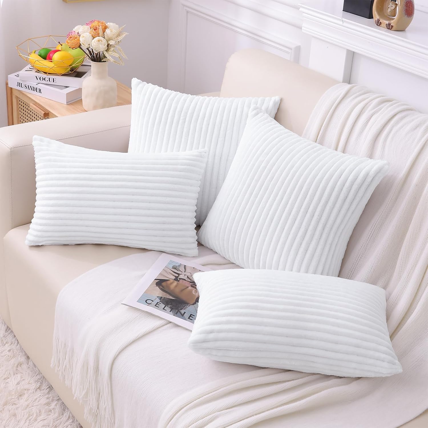 SimmoreHomeDecor Simmore Decorative Throw Pillow Covers 18x18 Set of 2, Soft Natural Plush Flannel Double-Sided Fluffy Couch Pillow Covers…