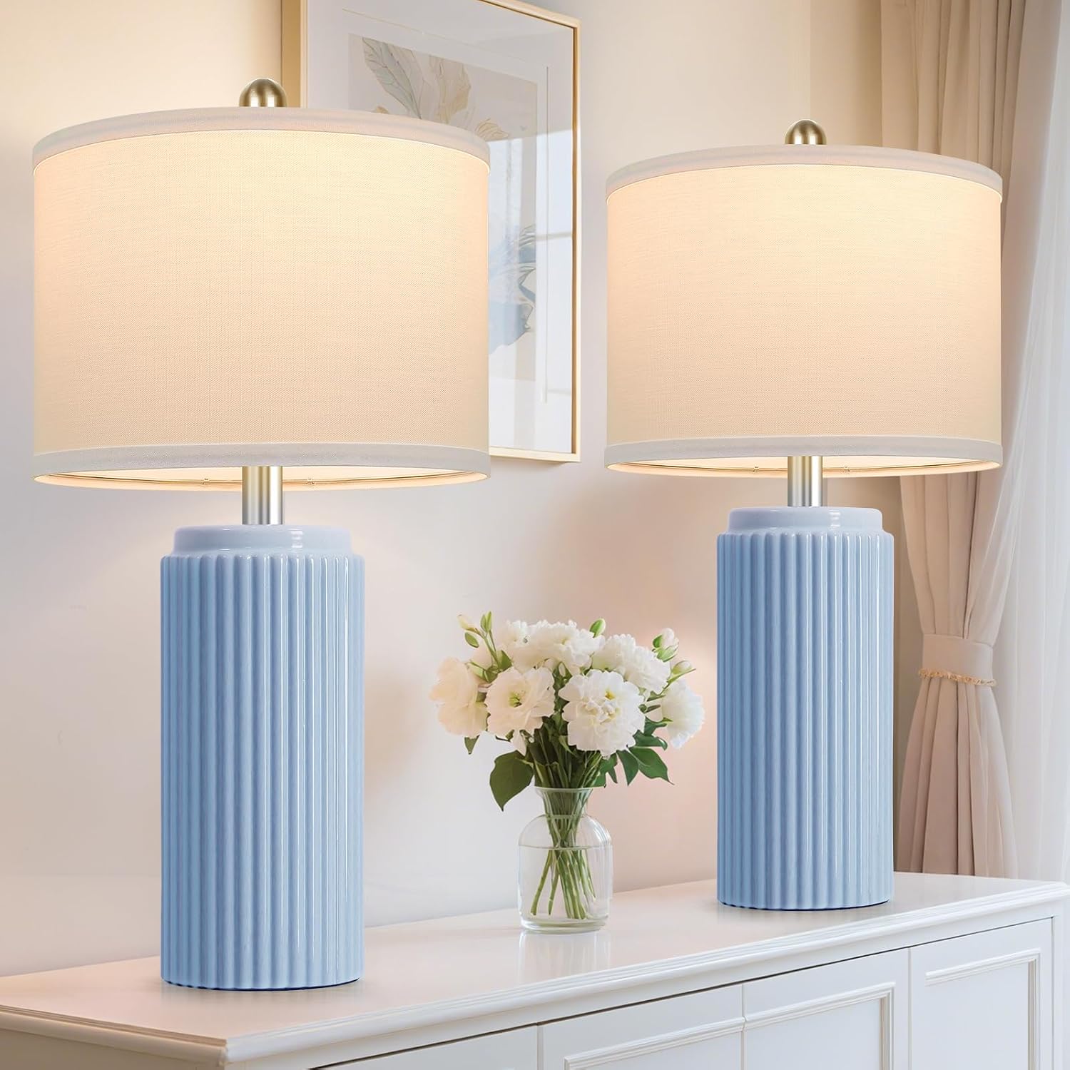 Tobusa 23.5’’ Sky Blue Farmhouse Table Lamps for Living Room Set of 2, Modern Elegant Ceramic Bedside Nightstand Lamps with White Linen Sha…